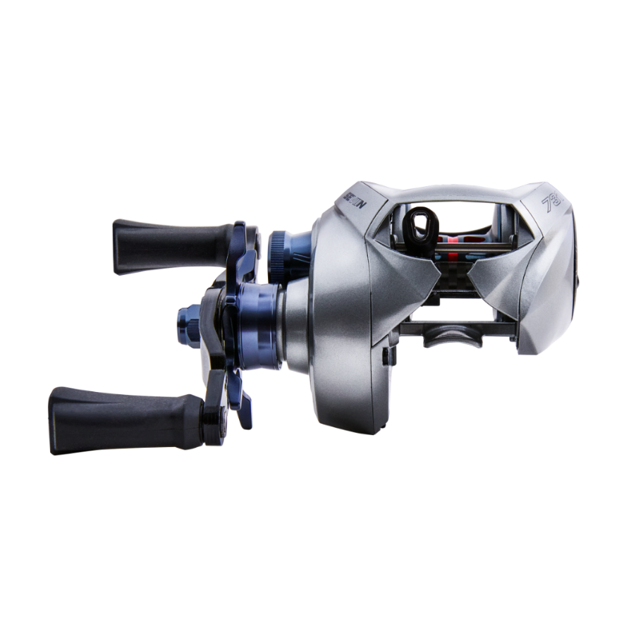 Fishing reel with metallic finish on a white background