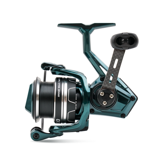 Teal fishing reel on a white background