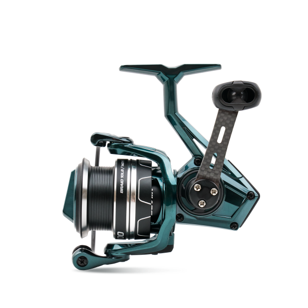 Teal fishing reel on a white background
