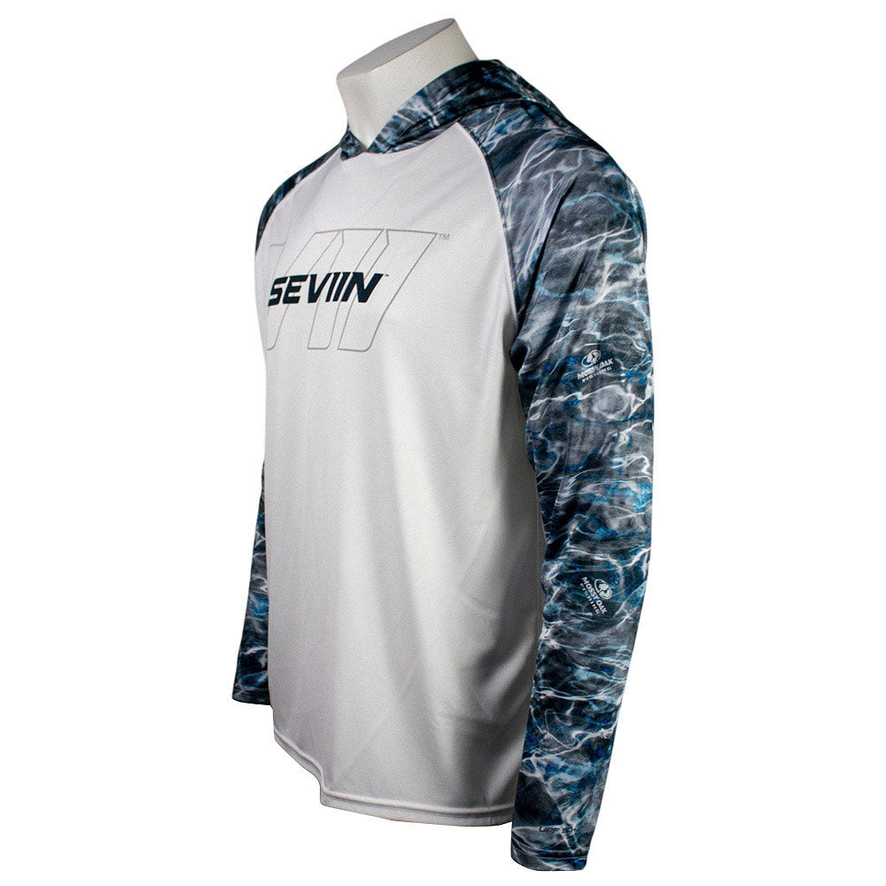 Side of a white hooded long sleeve with blue marble patterned sleeves and a 'SEVIIN' logo on the chest.