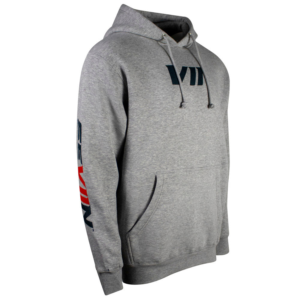 Right side of a light gray hoodie with black and red 'SEVIIN' branding on the sleeves.