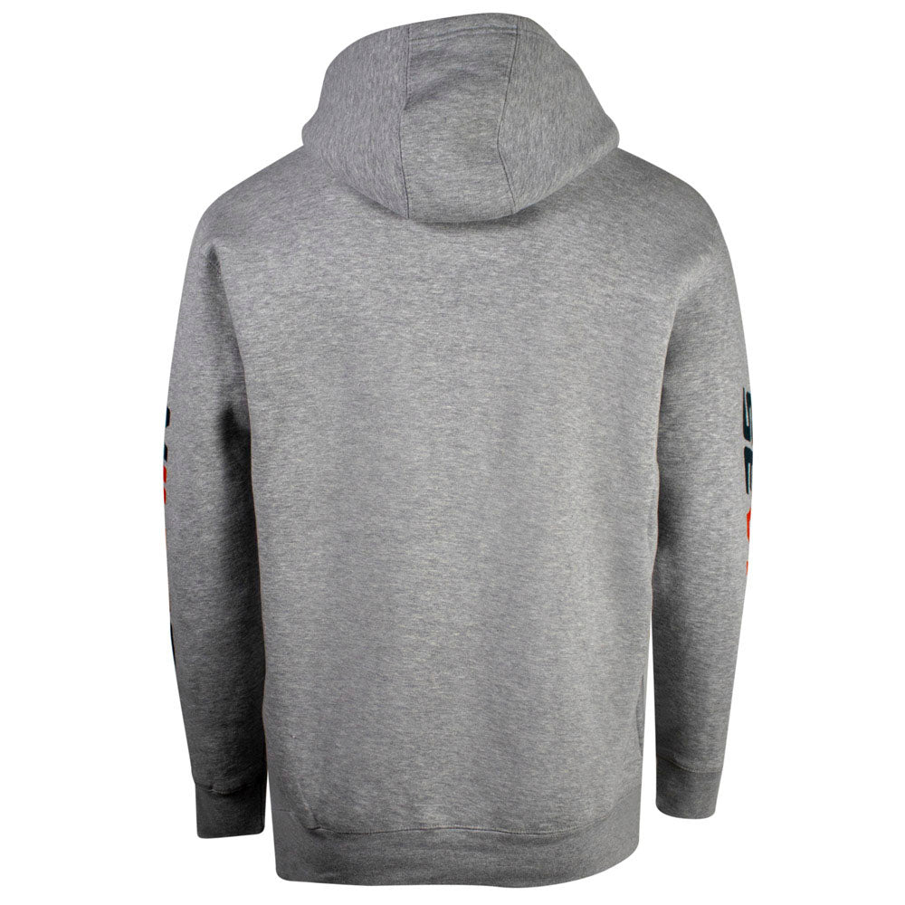 Back of a light grey hoodie.
