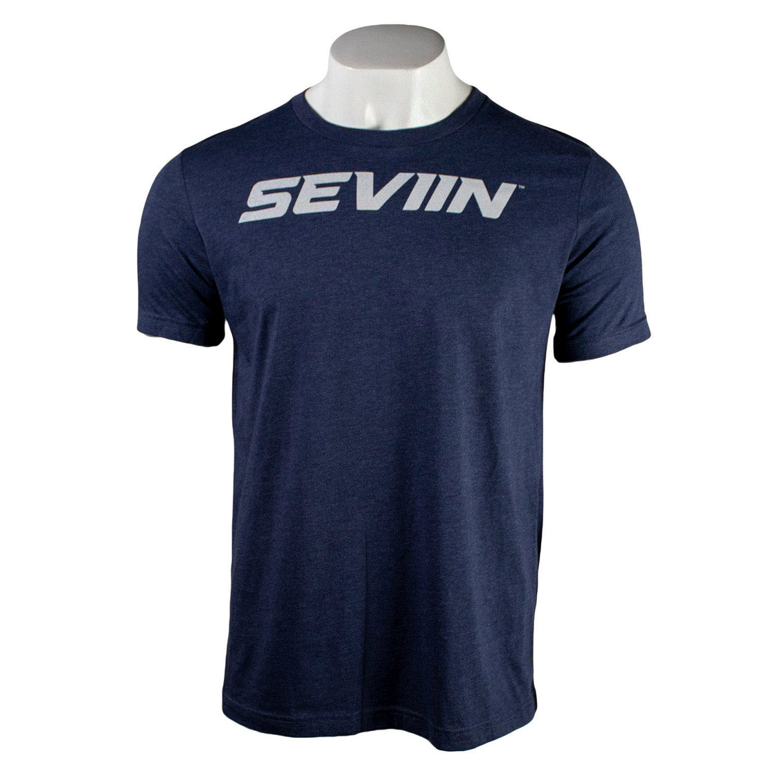 Navy t-shirt with a grey sparkly 'SEVIIN' logo on the chest.