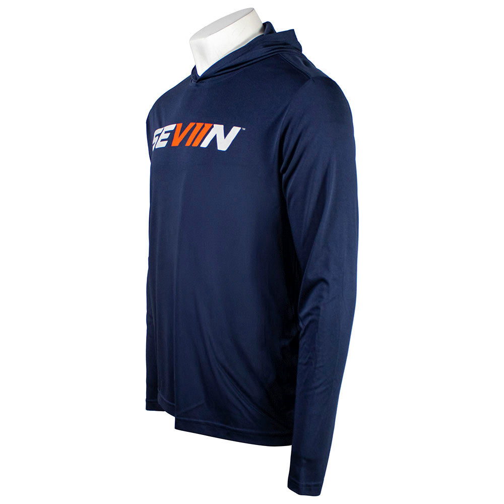 Side of a navy hoodie with an orange and white 'SEVIIN' logo on the chest.