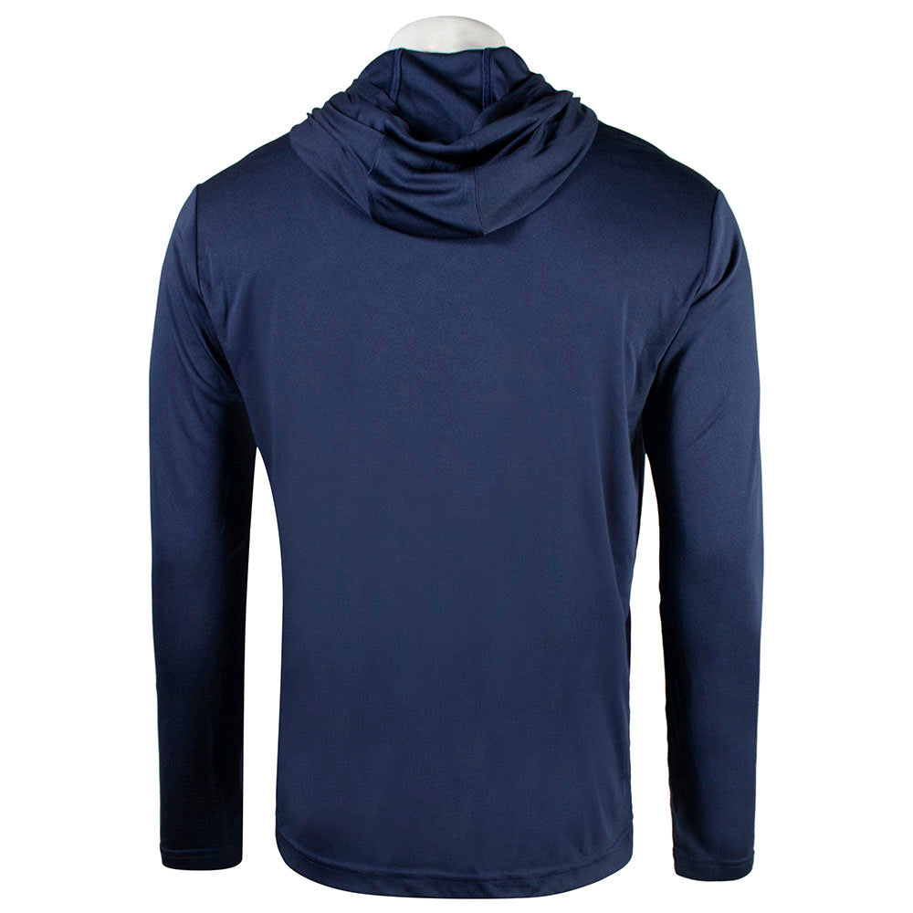 Back of a navy blue hoodie on a white background.