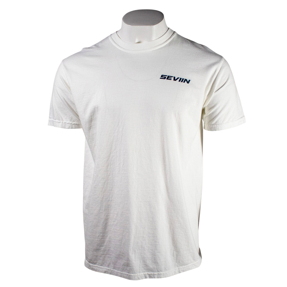 White t-shirt with a black 'SEVIIN' logo on the left chest.